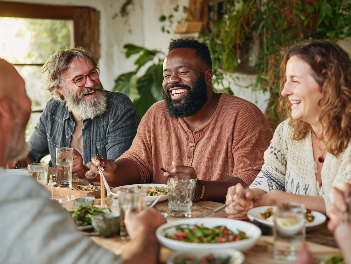A man laughing at a shared meal